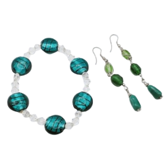 bracelet and earring set Jewelry - Bracelet and Dangly Earrings Set Turquoise and Green Silver Tone